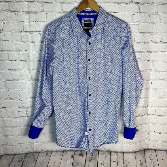 prAna Organic cotton Lukas Poplin Slim Fit Geometric print Long Sleeve Shirt  L - Picture 1 of 10